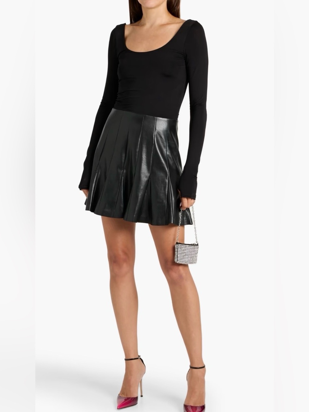 Alice + Olivia Black Faux Leather Pleated Skater Dress